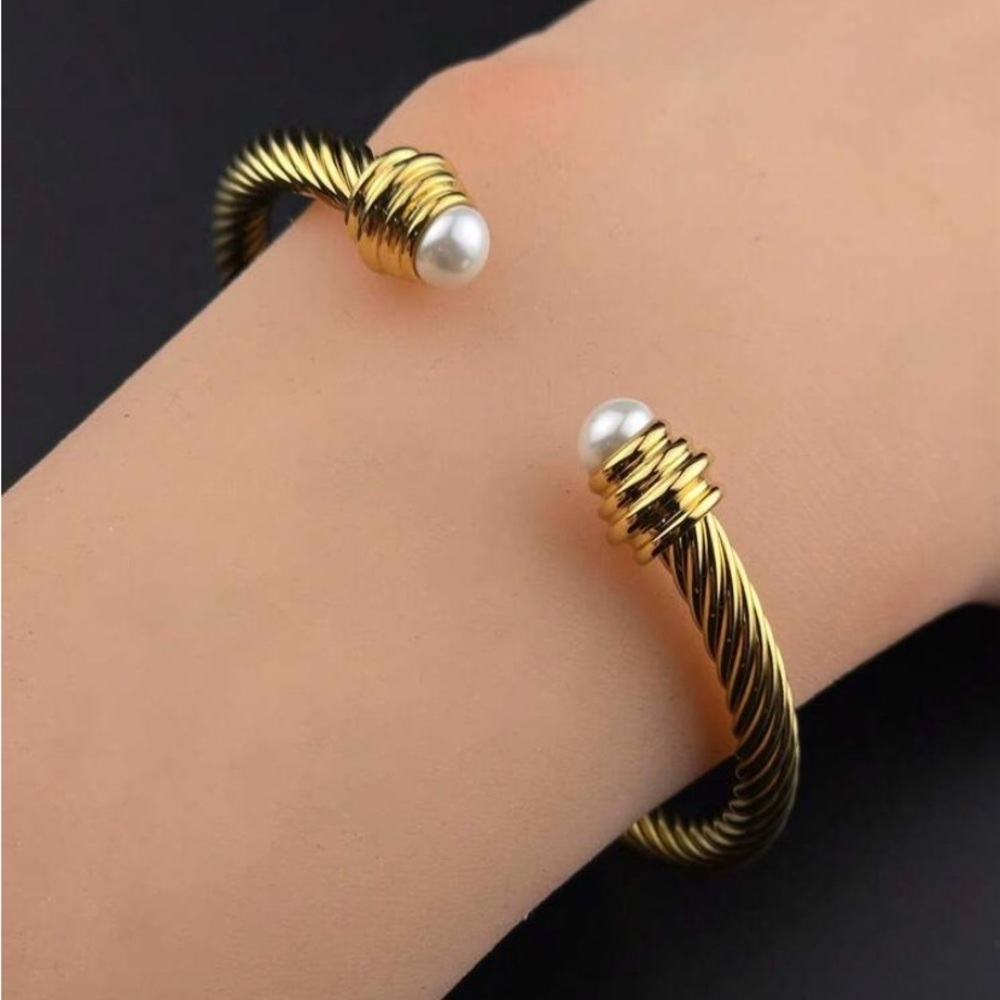 18 Karat Gold Plated Twisted Cuff Bracelet with Pearl End Caps - Women Jewelry